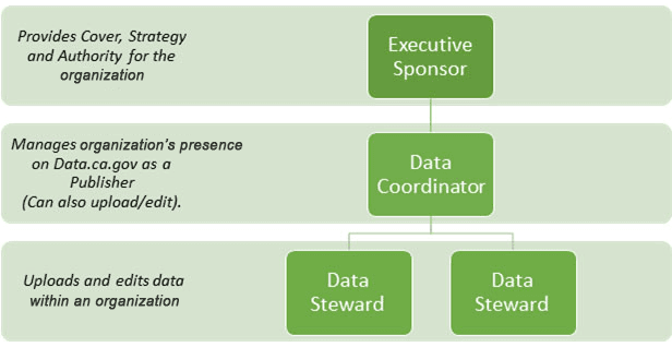Diagram showing the Executive Sponsor providing cover, strategy, and authority; the Data Coordinator managing the organization's presence on Data.ca.gov as a publisher; and Data Stewards uploading and editing data within the organization
